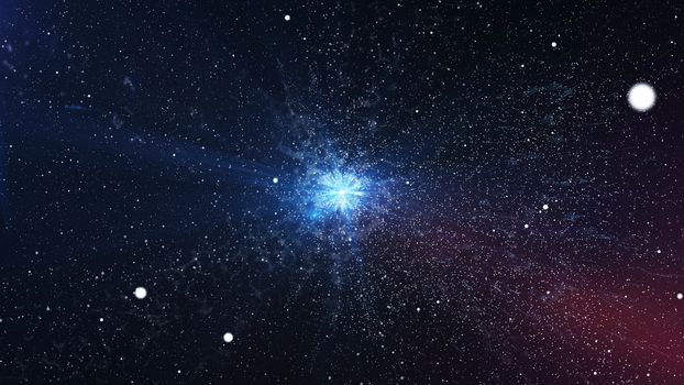3D rendering of the enigmatic Big Bang flare up with numerous bright stars, atomic elements, flying meteors, sinister smoke, in the dark blue and slightly reddish background 