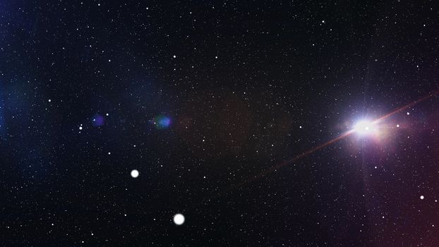 3D rendering of the Big Bang theory with its initial expansion, several white and blue stars, billions of atomic dots and flying meteors. The plazma cluster is in the right part