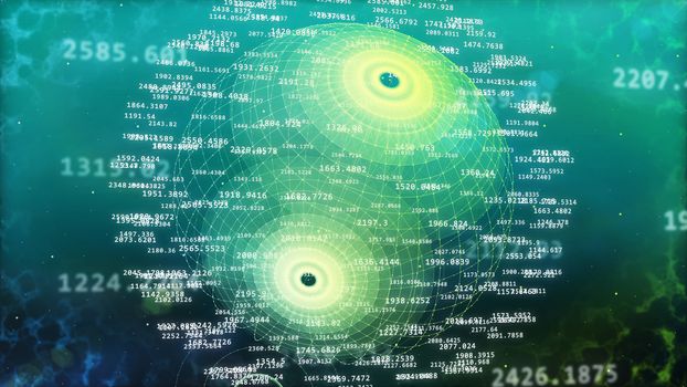 Impressive 3d rendering of the futuristic spheric data cyberspace with two poles, numerous curvy lines, various digits, slight shadows, in the light blue background.