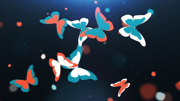 Impressive 3D rendering of blue and red and white butterflues in the black background with arty looking wings. The illustration looks impressive and dreamlike