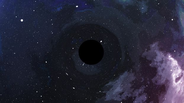 3D illustration of the Big Bang theory with the initial dark matter concentration in the center and circular placed bright suns with numerous meteors and planets round them