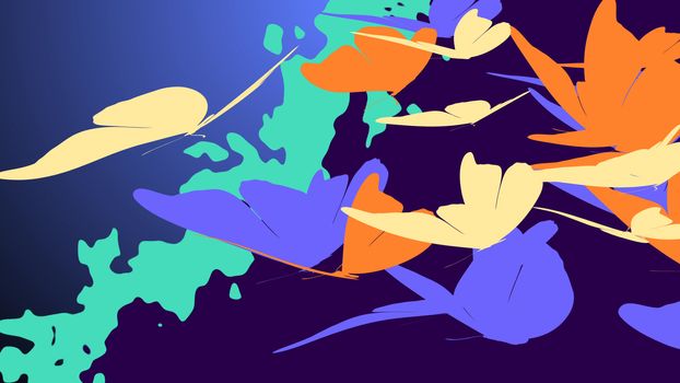 Impressive 3D illustration of the exotic orangr, gray, and white butterflies, in the light blue, violet and dark blue background. The butterflies look romantic and fragile