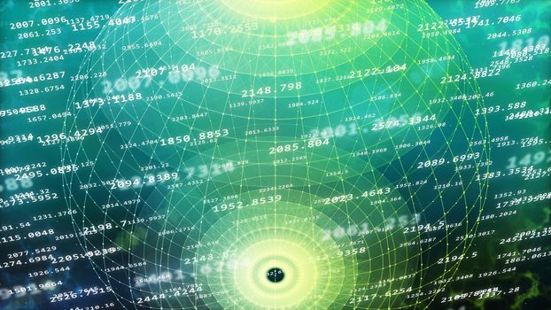 3D illustration of the futuristic and computer modulated cyberspace with two poles, curvy longitude and latitude lines, decimal figures, in the light blue background