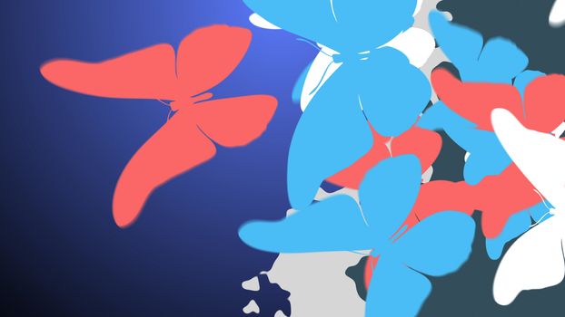 Arty looking 3D illustration of the big rosy, blue, and white butterflies, in the light violet background with several tints and shadows. The butterflies look funny and hilarious
