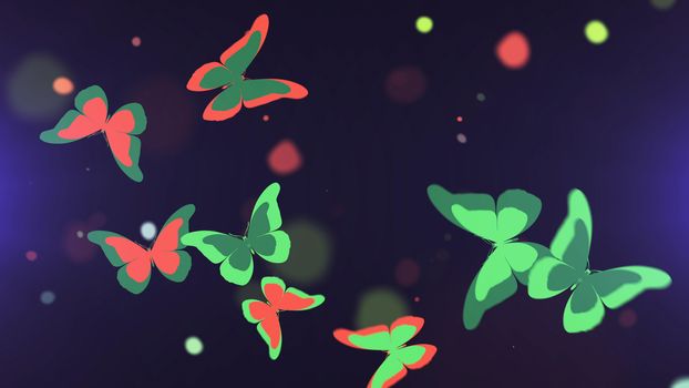 Impressive 3d rendering of the fragile butterflies flying between bright yellow and red spots in the dark violet background with big red and blue wings and clubbed antennae