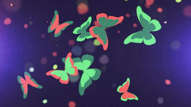 Beautiful 3D illustration of the tender looking butterflies with clubbed antennae and beautiful wings flying between red and yellow spots in the light violet background