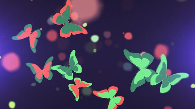 Amazing 3D rendering of the fragile looking blue and pink butterflies with clubbed antennae and big wings flying between colorful spots in the bright violet background
