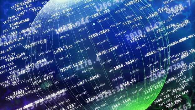Enigmatic 3d illustration of the sci-fi spheric data cyberspace with decimal figures,  white grid of curvy lines, various digits, slight shadows, in the bright blue background.