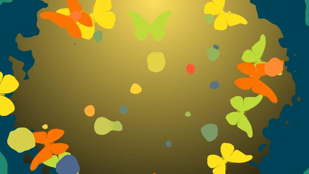 Inspiring 3D rendering of orange and yellow butterflies flying in different sides from the center which presents the light brown background with bright multicolored spots