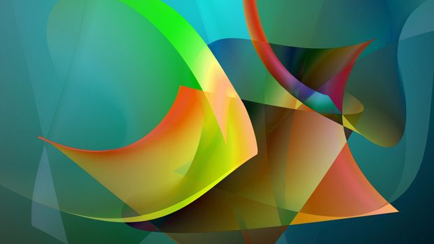 High art 3D illustration of an abstract picture which shows some futuristic fishes of yellow, blue, green, brown colors, and other tints. The lines are curvy and tender