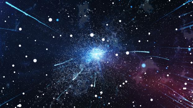 3D rendering of numerous bright constellations and impressive flying meteors with the plazma looking center showing the Big Bang expansion in the dark blue background