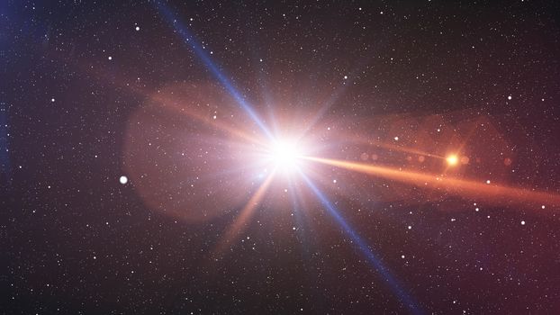 3D illustration of the Big Bang explosion with plazma looking rays beaming in different sides, with billions of atomic elements, sinister space, and the dark blue background