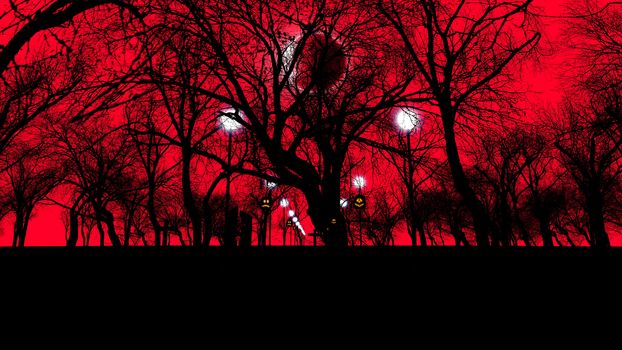 3D illustration of an old graveyard with crosses and creepy trees d on Halloween at solar eclipse. The dark red sky and street lanterns look enigmatic and threatening. 