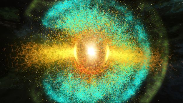 Impressive 3D illustration of the light green galaxy with a lot of dots having a round shape with a ball looking center of yellow color. The galaxy looks bright and dreamlike
