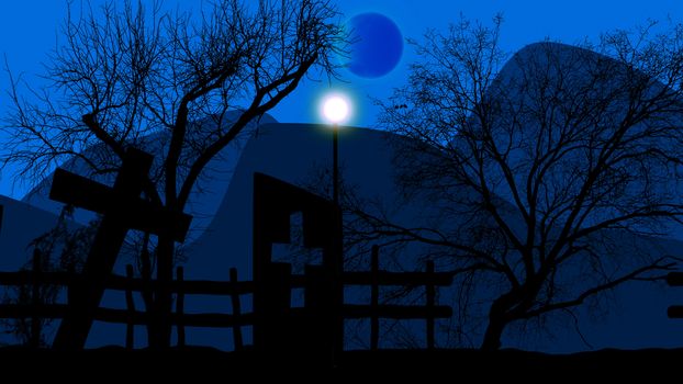 3D rendering of old sinister tombs with crosses and weird trees at a graveyard on Halloween at night. The background with dark blue sky and grey mountains at the full moon look ominous. 