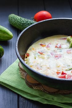 Breakfast set. Pan of fried eggs with fresh tomato, cucumber, sage on dark serving board over black background