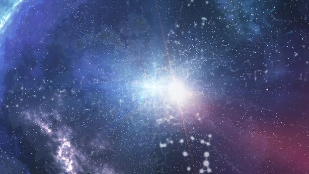 Enigmatic 3D illustration of a horrible big bang with flare in the center, flashing dots,  blurred and spotted universe, sinister smoke, and dashing into different sides meteors