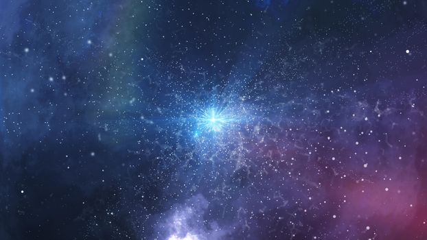 Futuristic 3D rendering of a sci-fi big bang with a blaze in the center, flying elements,  fuzzy and menacing universe, enigmatic smoke, flying meteors, and a feeling of greatness