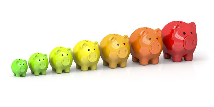 3d rendering of some piggy banks in different colors for energy efficiency