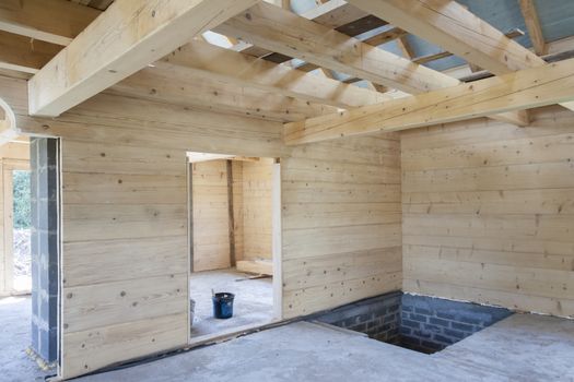 Interior of unfinished wooden house - Poland.