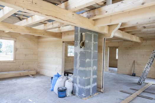 Interior of unfinished wooden house - Poland.