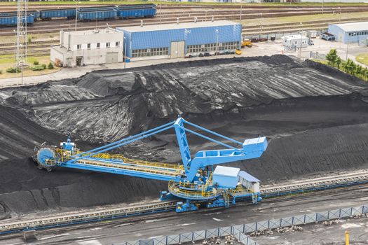 Aerial view on blue bucket wheel excavator