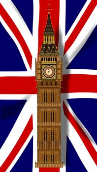 The British Union Flag, or Union Jack with Big Ben