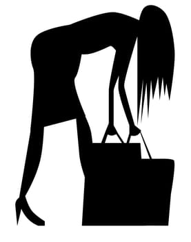 A cartoon woman in silhouette struggling with her shopping bags.