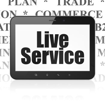 Finance concept: Tablet Computer with  black text Live Service on display,  Tag Cloud background, 3D rendering