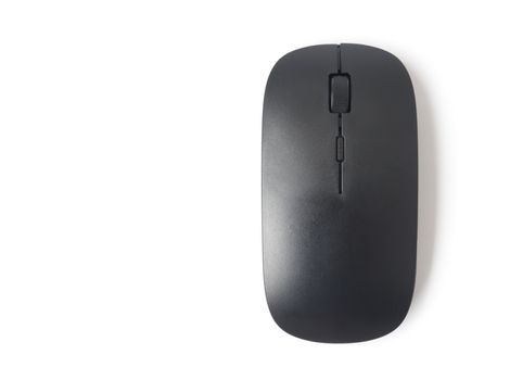 Black wireless computer mouse on white background, technology concept