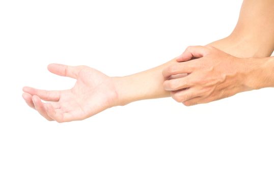 Man hand scratching hand on white background, health care and medical concept