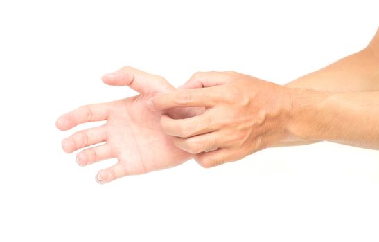 Man hand scratching hand on white background for healthy concept