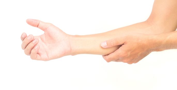 Man hand holding his arm with pain on white background, health care and medical