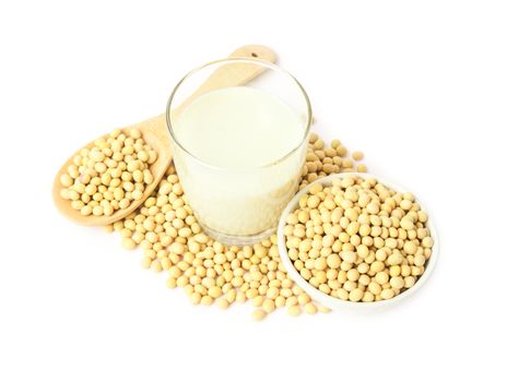 Soy milk and soy beans on white background, food and drink healthy concept