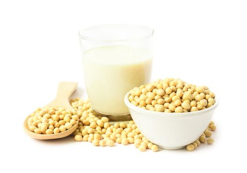 Soy milk and soy beans on white background, food and drink healthy concept
