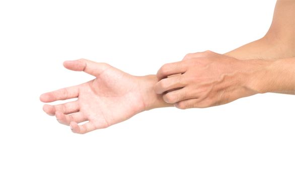 Man hand scratching hand on white background with clipping path for healthy concept