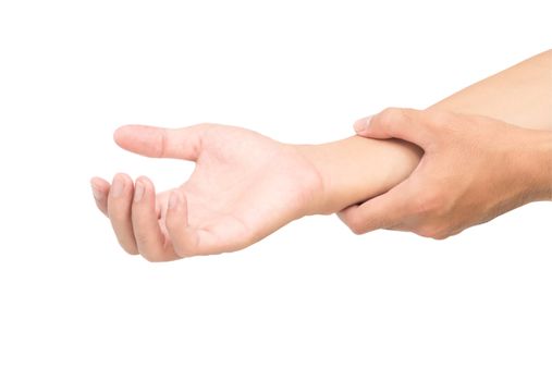 Man hand holding wrist isolated on white background with clipping path, health care and medical