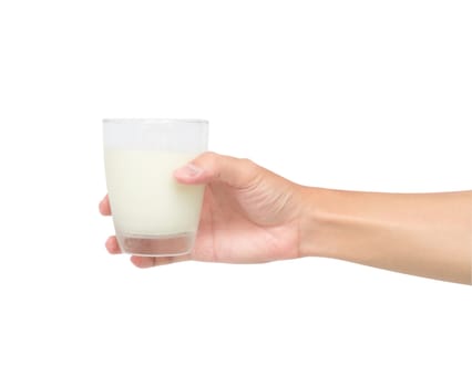 Hand holding glass of milk isolated on white background with clipping path