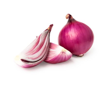 Red onion and slice isolated on white background with clipping path