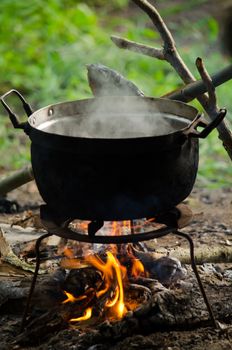 the bonfire is burning firewood under pot