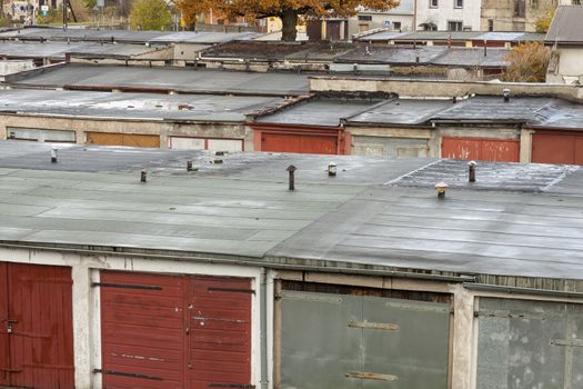 Old garages in line - Poland, Europe.