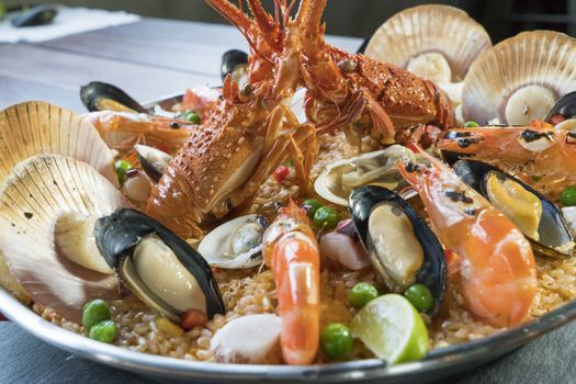 Gourmet seafood Valencia paella with fresh langoustine, clams, mussels and squid on savory saffron rice with prawn, scollops, mussels and lime slices, close up view