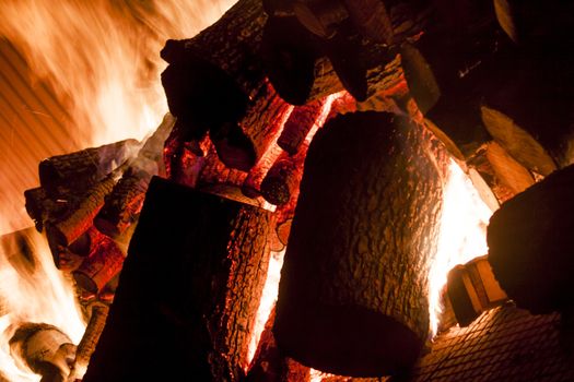 Fire from wood in industrial stove - Poland.