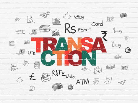 Banking concept: Painted multicolor text Transaction on White Brick wall background with  Hand Drawn Finance Icons