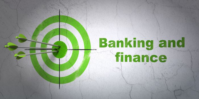 Success banking concept: arrows hitting the center of target, Green Banking And Finance on wall background, 3D rendering