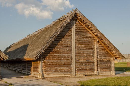 Wooden cottage in Biskupin archaeological museum - Poland.