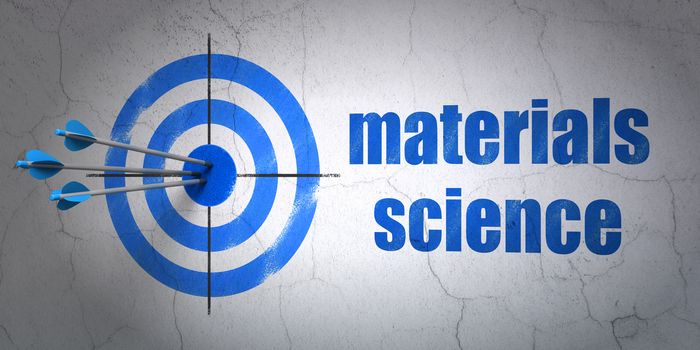 Success Science concept: arrows hitting the center of target, Blue Materials Science on wall background, 3D rendering