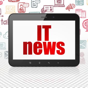 News concept: Tablet Computer with  red text IT News on display,  Hand Drawn News Icons background, 3D rendering
