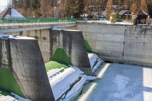 Dam on Czorsztynski lake. Czorsztyn, Poland, Europe.