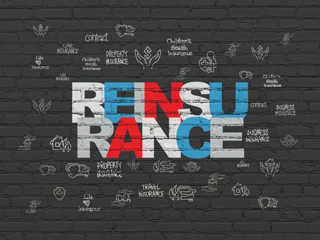 Insurance concept: Painted multicolor text Reinsurance on Black Brick wall background with  Hand Drawn Insurance Icons